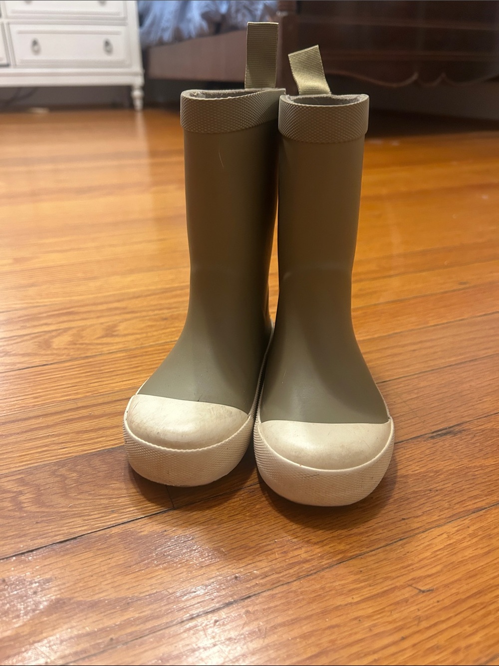 Kids Waterproof Olive Green Rain Boots with Cream Toe